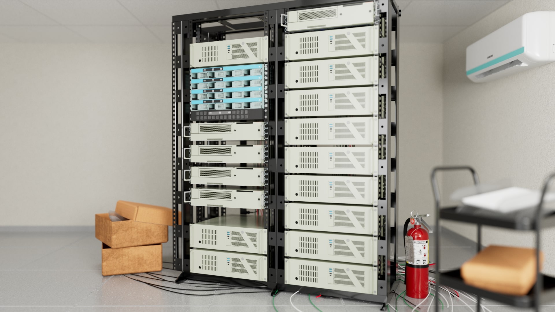 Bild eines IT Racks in einem klassischen chaotischen Serverraum eines Unternehmens im Vergleich zu der kompakten Lösung mit der Allinfrabox